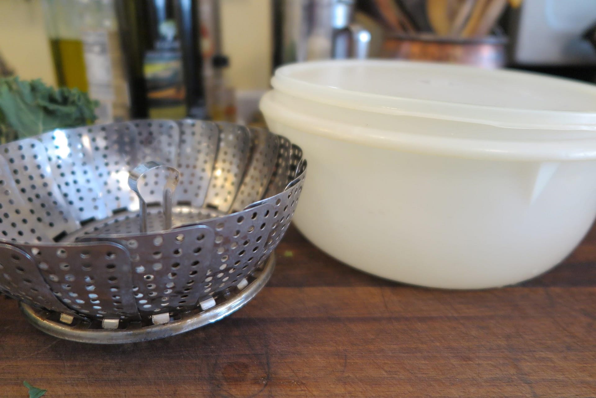 steamer basket and tupperware bowl