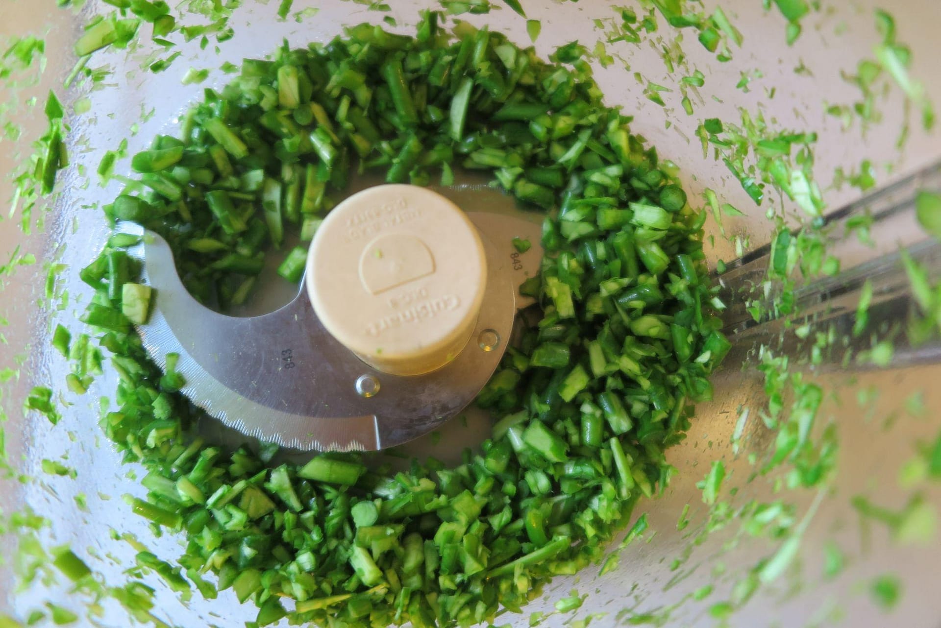 Roughly blended garlic scapes in a food processor