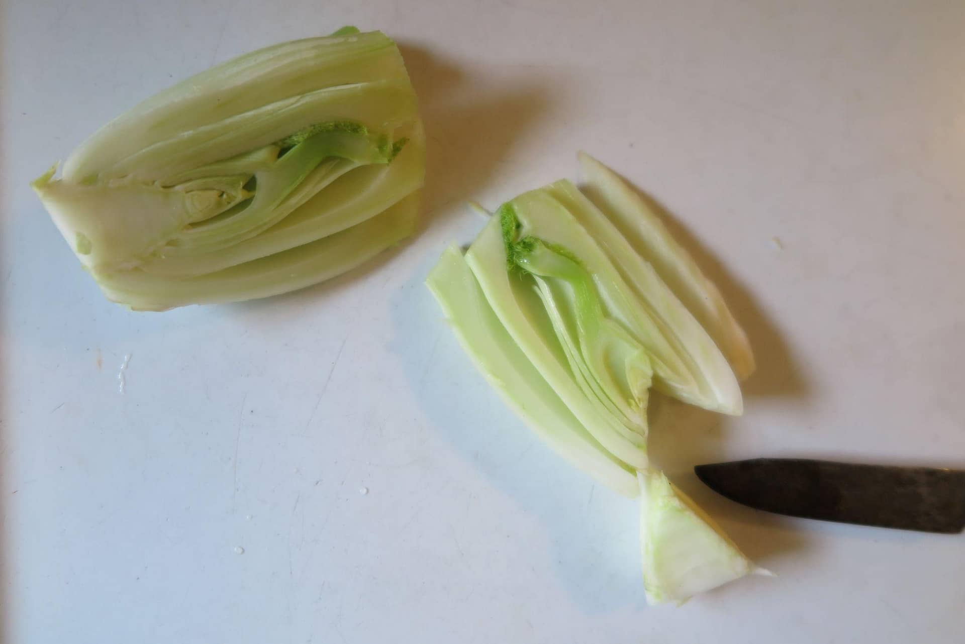 Fennel bulb sliced in half with a triangle notch cut out from the stem end