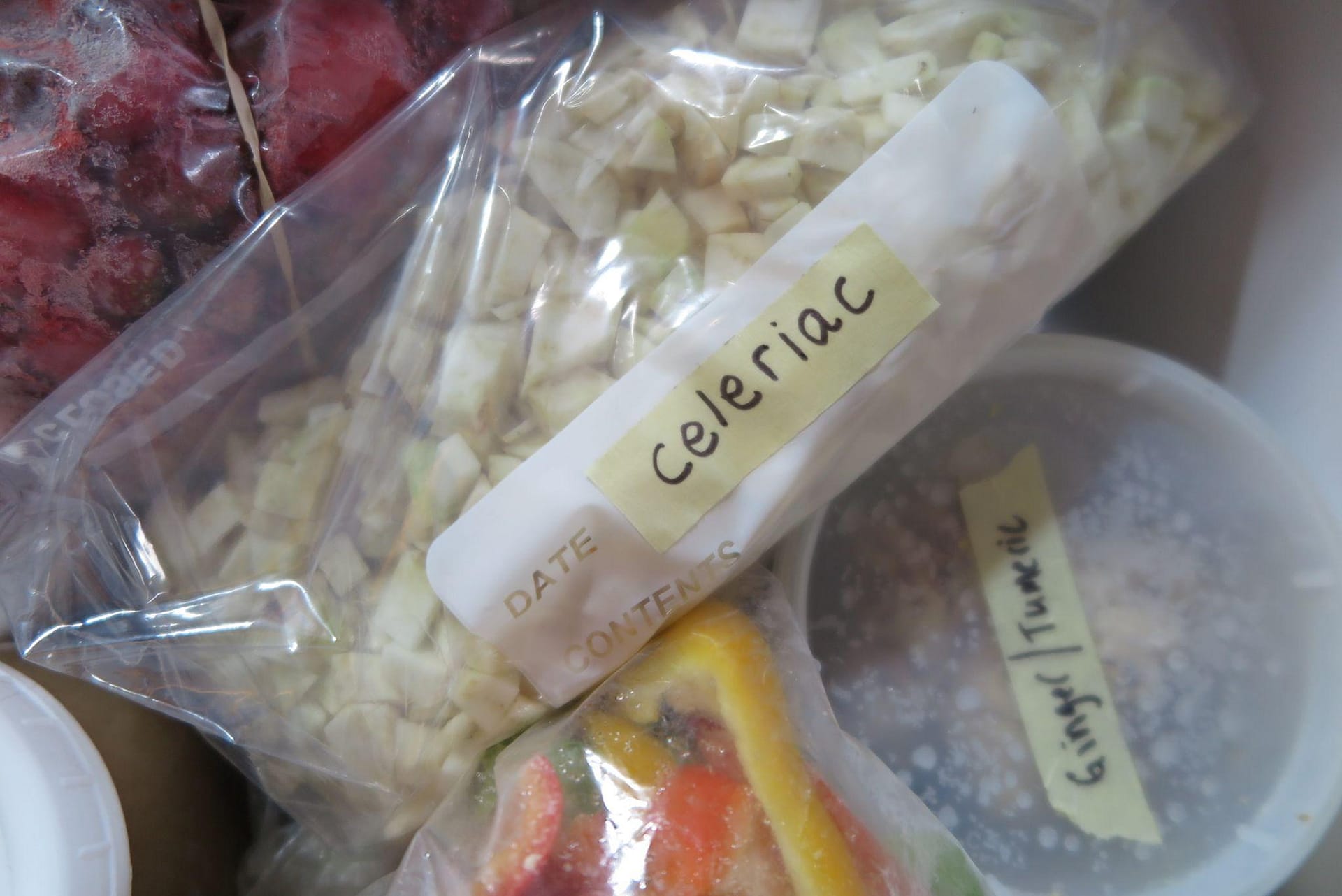 Ziplock bag of white diced root vegetable labeled 