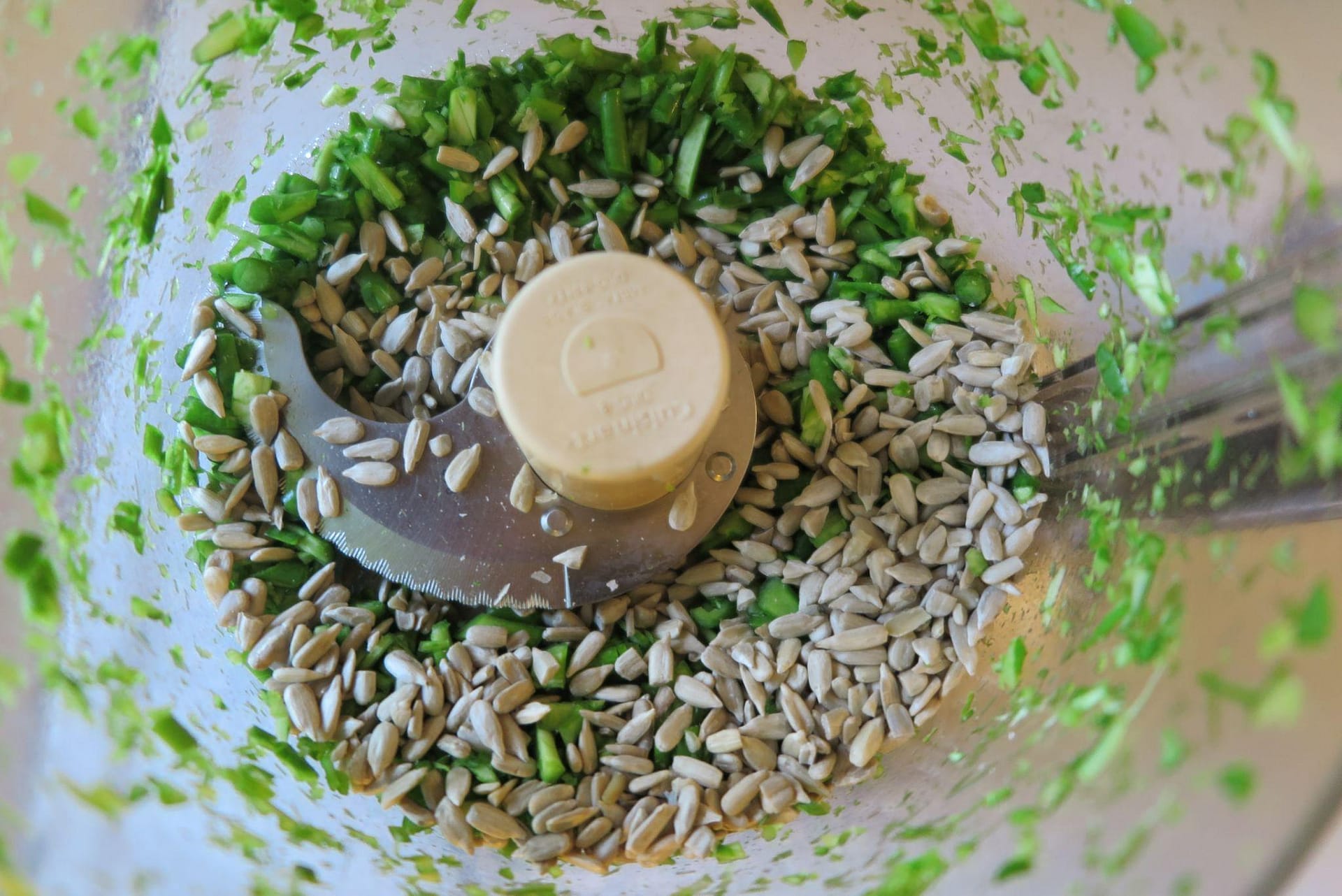 Roughly blended garlic scapes and sunflower seeds in a food processor