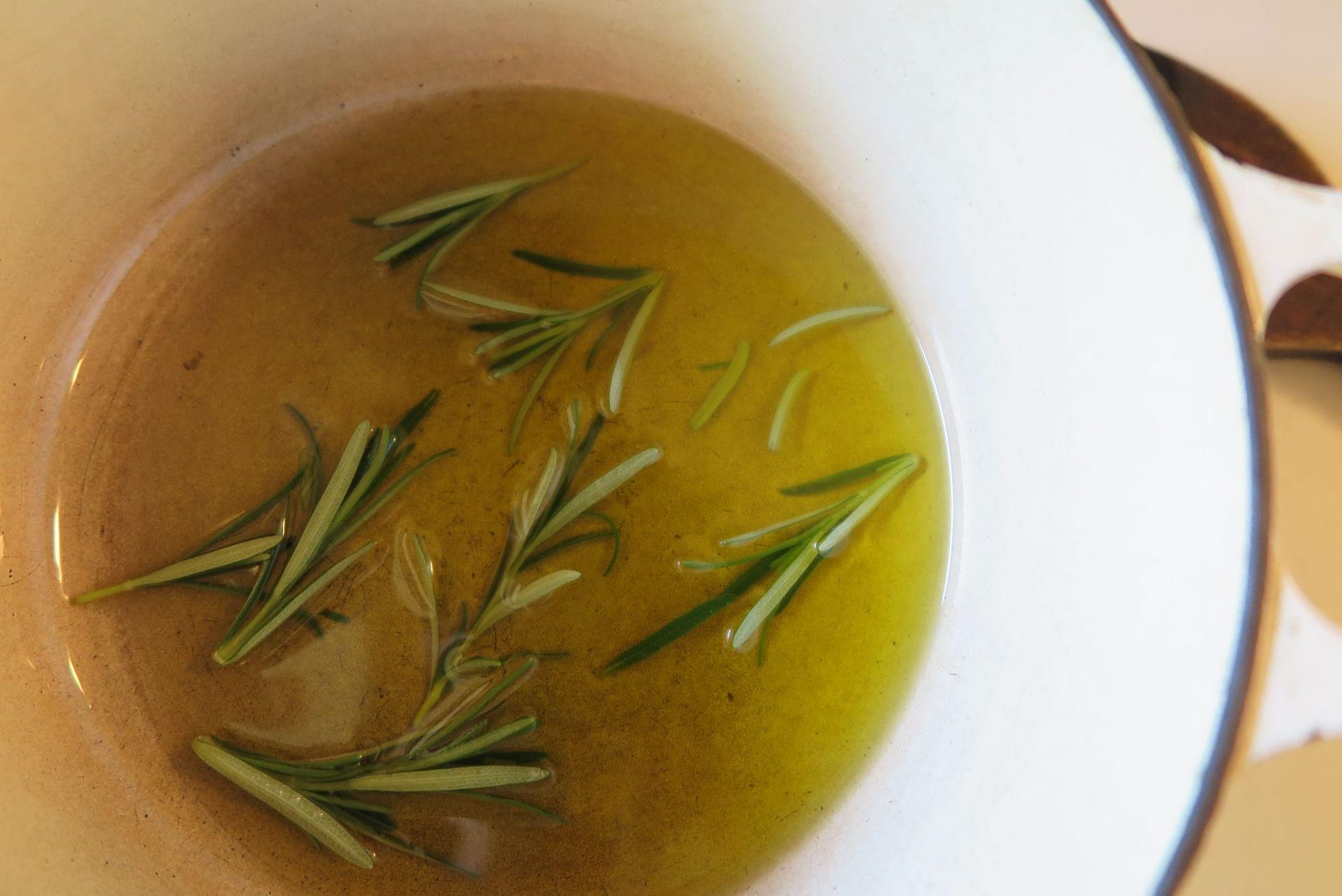 A white bowl of olive oil with small sprigs of rosemary floating on top